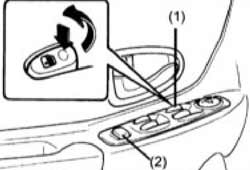 Расположение и направления отжатия и нажатия кнопки переключателя управления стеклоподъемником двери водителя (1) и кнопки блокировки (2) стеклоподъемников